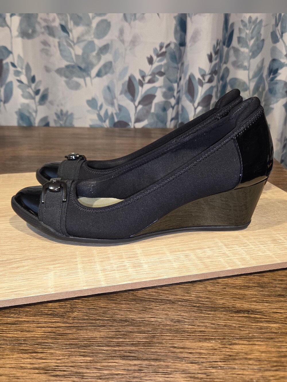 Anne Klein Black Patent-Toe Wedge Pumps